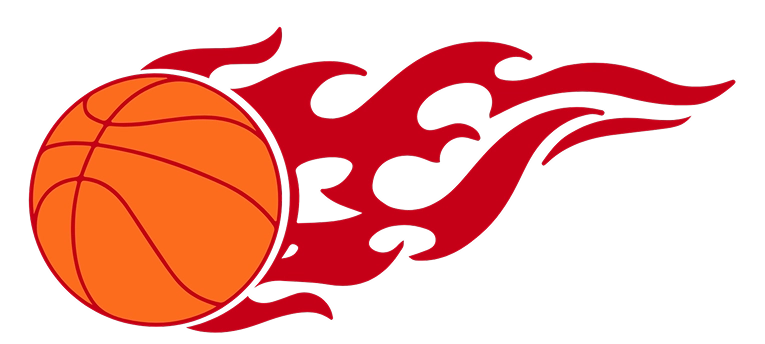 Un ballon de basket orange avec des lignes noires épaisses est représenté avec des flammes rouges dynamiques qui le suivent, sur fond noir, symbolisant la vitesse et l'énergie